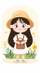 Happy girl, summer hat, floral background, illustration, children's book.