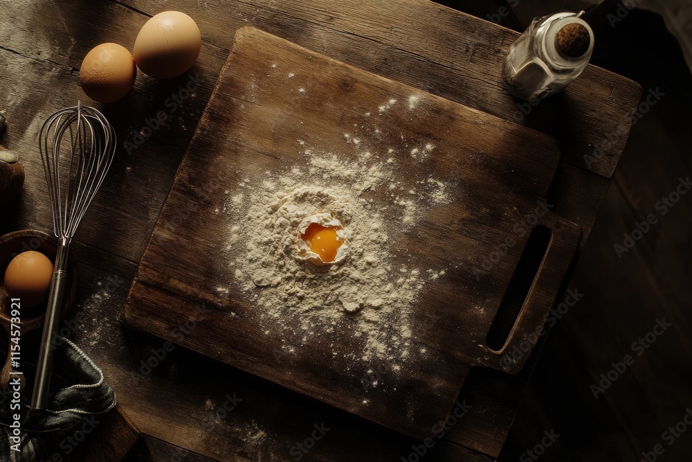 Poster top view of a rustic wooden board with flour scattered around a cracked egg and kitchen tools in a c