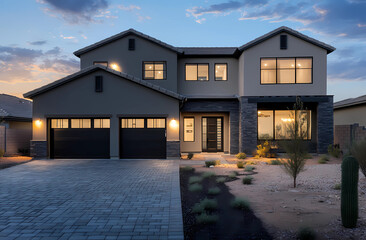 Professional photograph of a modern two-story home in the desert at dusk