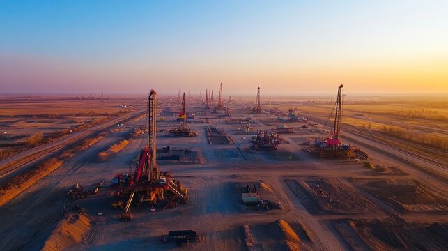 Aerial view of an expansive oil field with multiple drilling rigs operating under a clear blue sky at sunrise showcasing the early morning activities in the search for natural resources