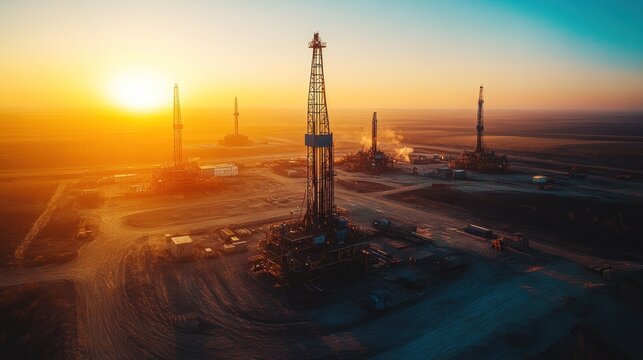 Aerial view of an expansive oil field with multiple drilling rigs operating under a clear blue sky at sunrise showcasing the early morning activities in the search for natural resources