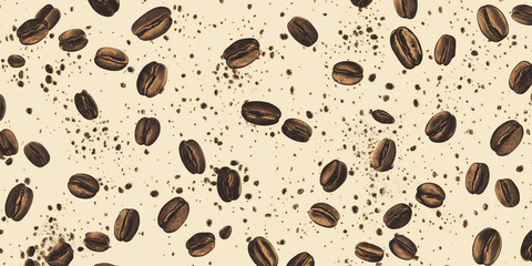 Obraz premium Coffee beans falling on light brown background