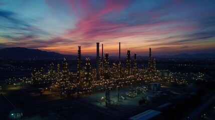 Obraz premium Aerial view of a sprawling oil refinery at dusk with towering distillation columns illuminated against the vibrant sky showcasing the complexity of refining processes and energy production