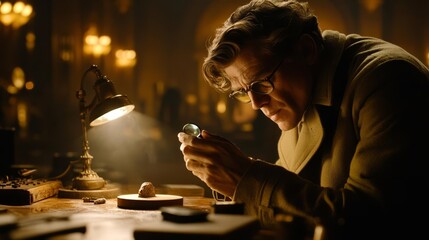 Detective carefully analyzes clues and traces at a crime scene, showcasing meticulous investigation and pursuit of truth.
