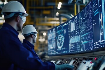 Close-up of workers in protective gear monitoring machinery in a control room filled with digital displays and graphs illustrating the high-tech environment of crude oil processing