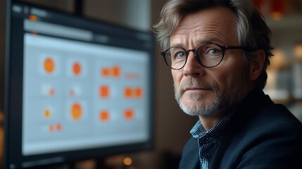 Serious man looking at data on computer screen.