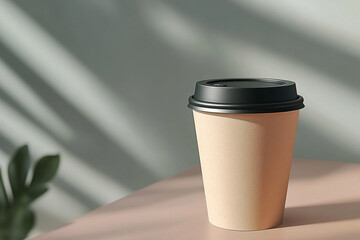 Tan paper cup, Black lid, Paper cup mockup, Pink table, Beverage cup, Coffee cup design, Modern mockup, Minimalist style, Stylish cup, Product display, Clean design, Neutral tones, Simple composition