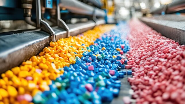 Vibrant image of colorful plastic pellets being processed in a manufacturing facility showcasing the final products derived from petrochemical refining