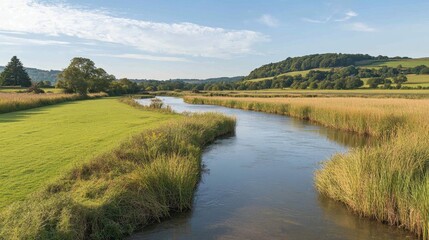 Obraz premium Serene River Flowing Through Lush Green Fields Under Bright Blue Sky