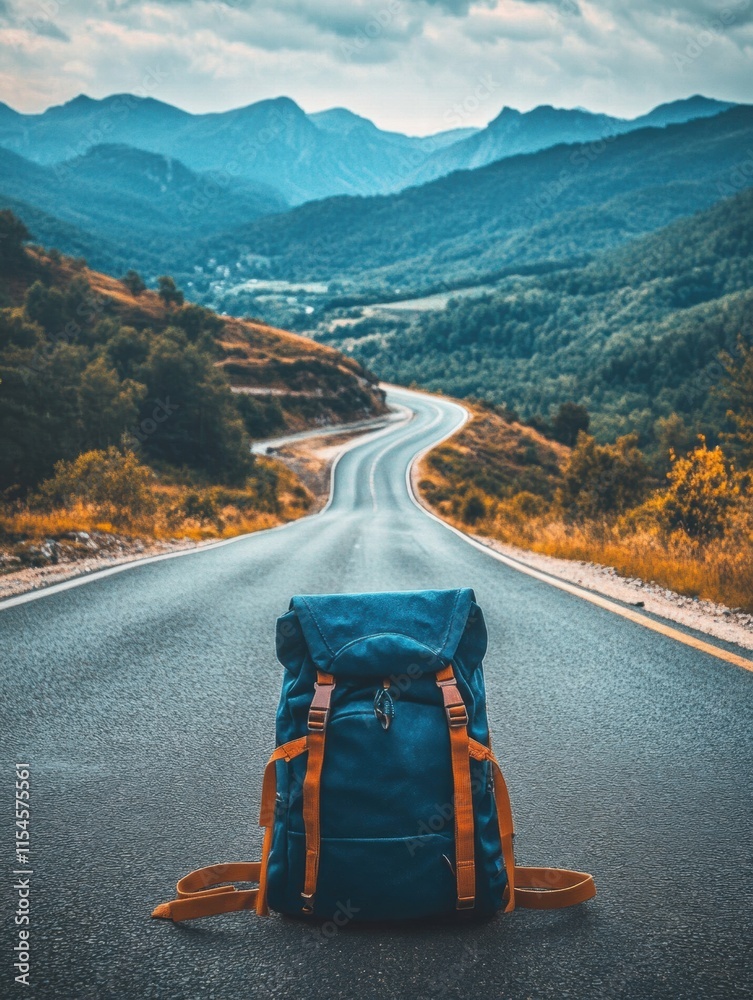 Poster travelers backpack placed on an empty road with scenic mountains in the background during the aftern