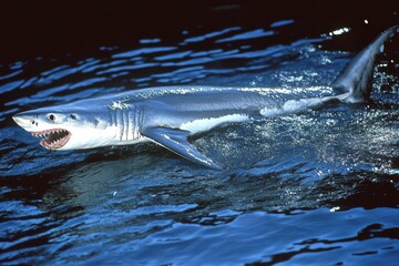 Fototapeta premium A shark swimming in the ocean, showcasing its streamlined body and sharp teeth.