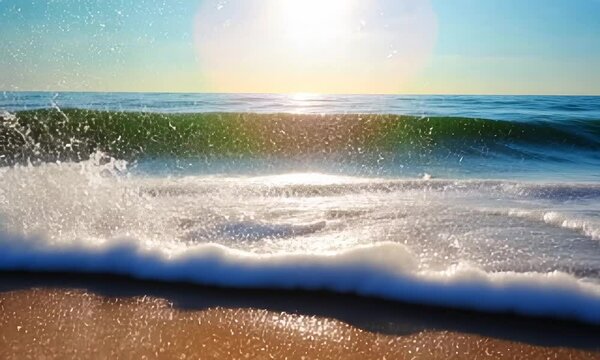 Sunlit ocean waves crashing on sandy beach during day