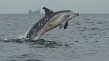 Fototapeta premium A dolphin leaps gracefully above the water's surface, showcasing its agility and beauty.