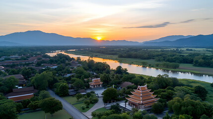 Obraz premium Aerial Sunset View of Thai Temple, River, and Mountains.