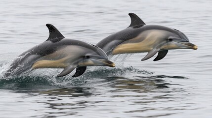 Fototapeta premium Two dolphins leaping gracefully above the water's surface.