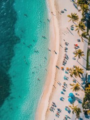 Sunny Miami beach filled with people enjoying clear waters and vibrant palm trees on a warm day. Generative AI
