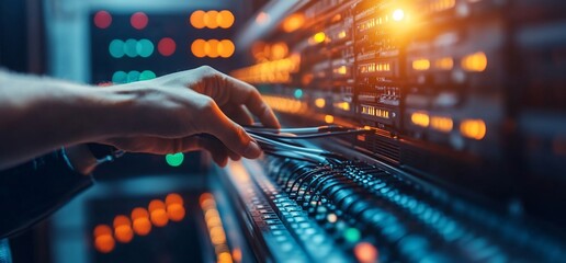 A technician working on server equipment, adjusting cables and connections.