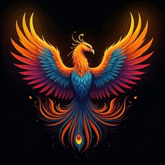 Obraz premium A vibrant and majestic phoenix spreads its wings against a dark background. The bird's plumage shimmers with hues of orange, red, blue, and purple, creating a breathtaking display of color and power