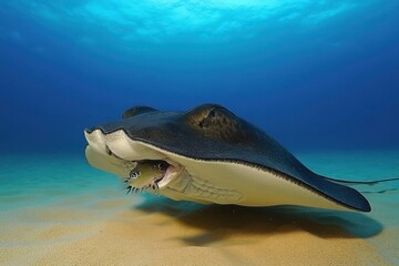 A stingray gliding gracefully over sandy ocean floor, showcasing marine life.