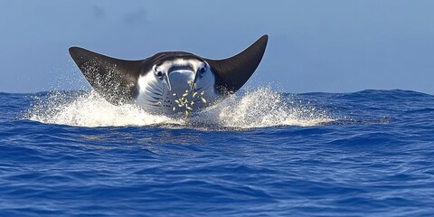 A majestic manta ray leaps from the ocean's surface, showcasing its graceful movement.