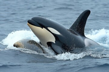 Fototapeta premium An orca swimming with a smaller marine mammal in the ocean.