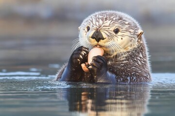 A sea otter floating on water, holding an egg in its paws.