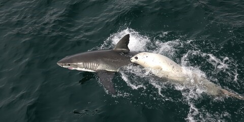Fototapeta premium A shark chasing a seal in ocean waters, showcasing predator-prey dynamics.