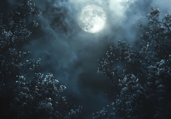 A full moon shines through the clouds, casting its silver light on the trees and flowers in an ancient forest