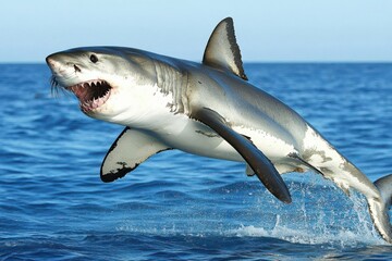 Fototapeta premium A great white shark leaps out of the ocean, showcasing its powerful physique and sharp teeth.