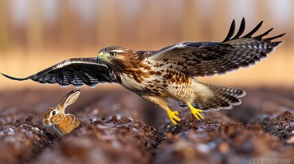 Obraz premium A hawk swoops down towards a rabbit in a natural setting, showcasing predator-prey dynamics.