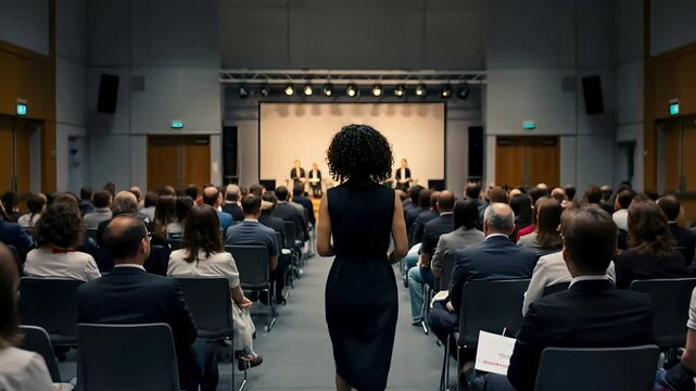 a woman walking towards a stage in a packed conference room. She is viewed from behind, and the audience's heads form a repeating pattern.