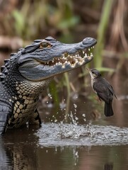 Fototapeta premium A crocodile and a small bird interact near water, showcasing wildlife dynamics.