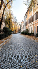 Obraz premium Autumnal Roman cobblestone street, quiet residential neighborhood, golden leaves, travel brochure.