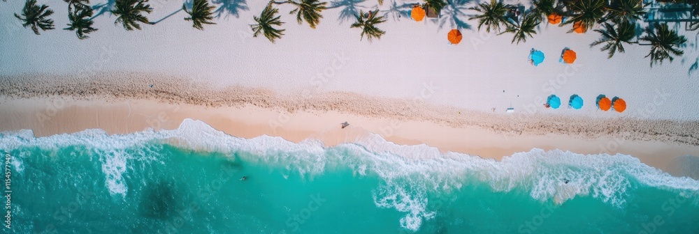 Poster sunny beach in miami with colorful umbrellas and gentle waves on a warm day. generative ai