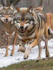 Obraz premium A pack of wolves running through a snowy landscape, showcasing their powerful presence.