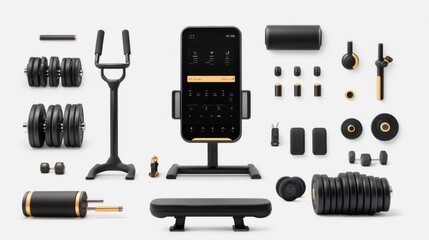 Fototapeta premium A collection of fitness equipment, including weights, a bench, and a digital display, arranged neatly for home workouts.