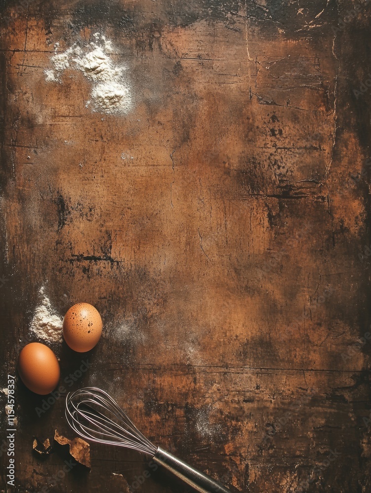 Poster top down view of a wooden board scattered with flour and cracked eggs ready for baking activities. g