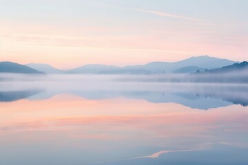 A serene landscape at dawn with mist over a calm lake and distant mountains.