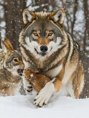 Obraz premium A wolf chasing a rabbit in the snow, with another animal in the background.
