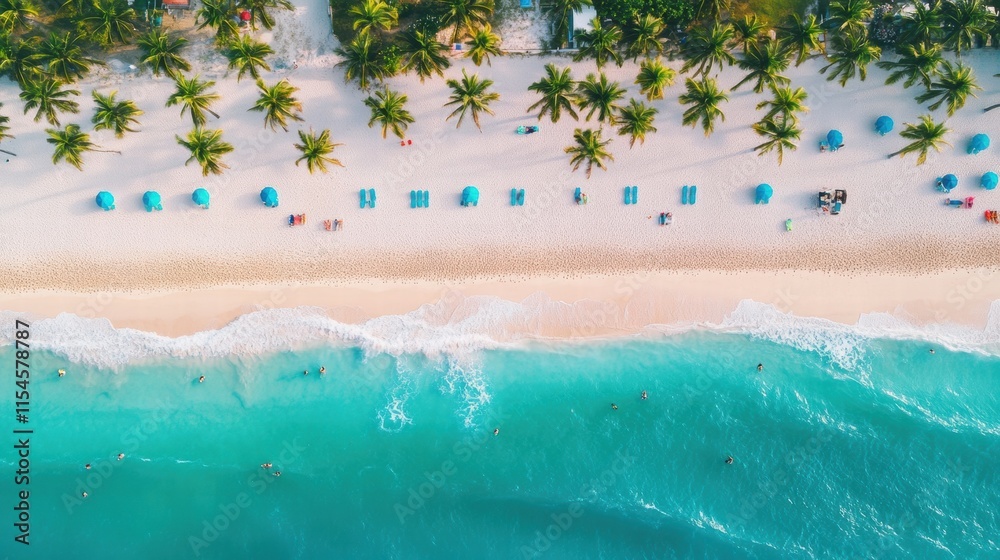 Poster sunny miami beach with turquoise waters and palm trees enjoyed by visitors under clear skies. genera