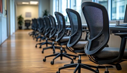 Row of empty office chairs in a vacant office: Neatly arranged chairs fill the space, awaiting the day first employees.