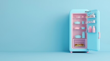 A pastel-colored refrigerator with an open door, showcasing shelves filled with colorful dishes and beverages against a soft blue background.