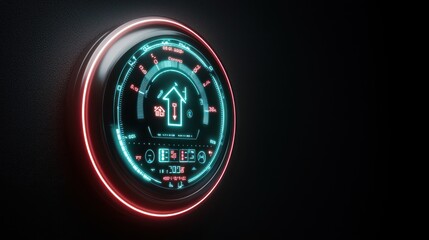 A futuristic digital gauge displays various metrics with neon accents, set against a dark background.
