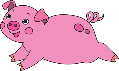 happy pink pig with curled little tail runs as fast as he can and smiles