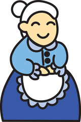 happy smiling contented elderly woman grandmother with gray hair in blue shirt and skirt with white apron