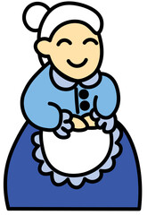happy smiling contented elderly woman grandmother with gray hair in blue shirt and skirt with white apron