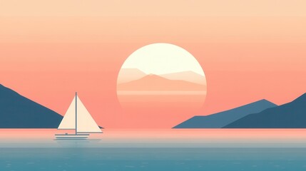 Naklejka premium Serene Sailing Scene at Sunset with Soft Pastel Tones and Calm Waters