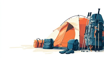 A banner for an outdoor gear shop featuring tents, backpacks, and trekking poles on a white background.