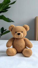Brown teddy bear sits on bed, plant & furniture background;  nursery decor, e-commerce.