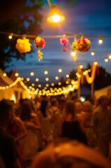 Obraz premium Vibrant Evening Festival Celebration with String Lights and Colorful Decorations